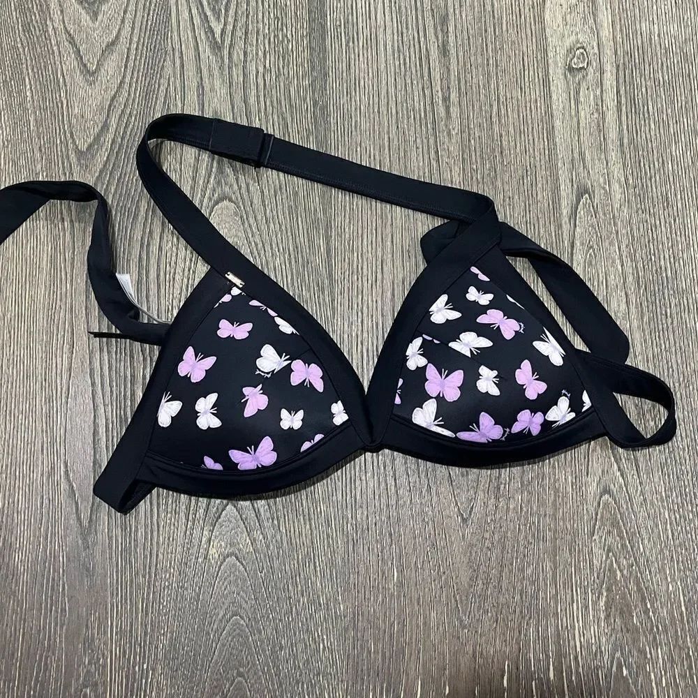 NWOT PINK Victoria’s Secret Triangle Bikini Top Push Up Black Purple Butterfly L